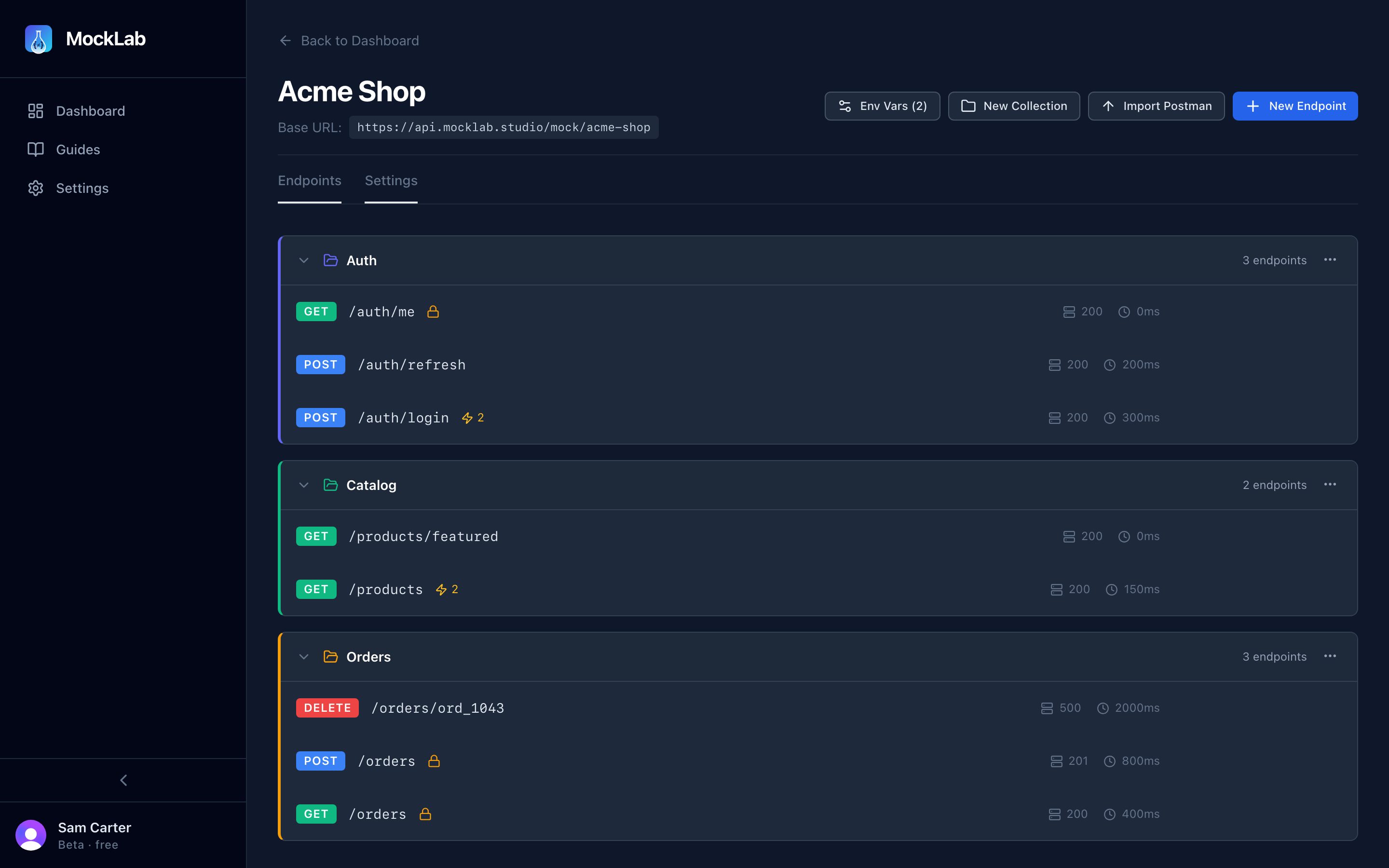 MockLab endpoints screen