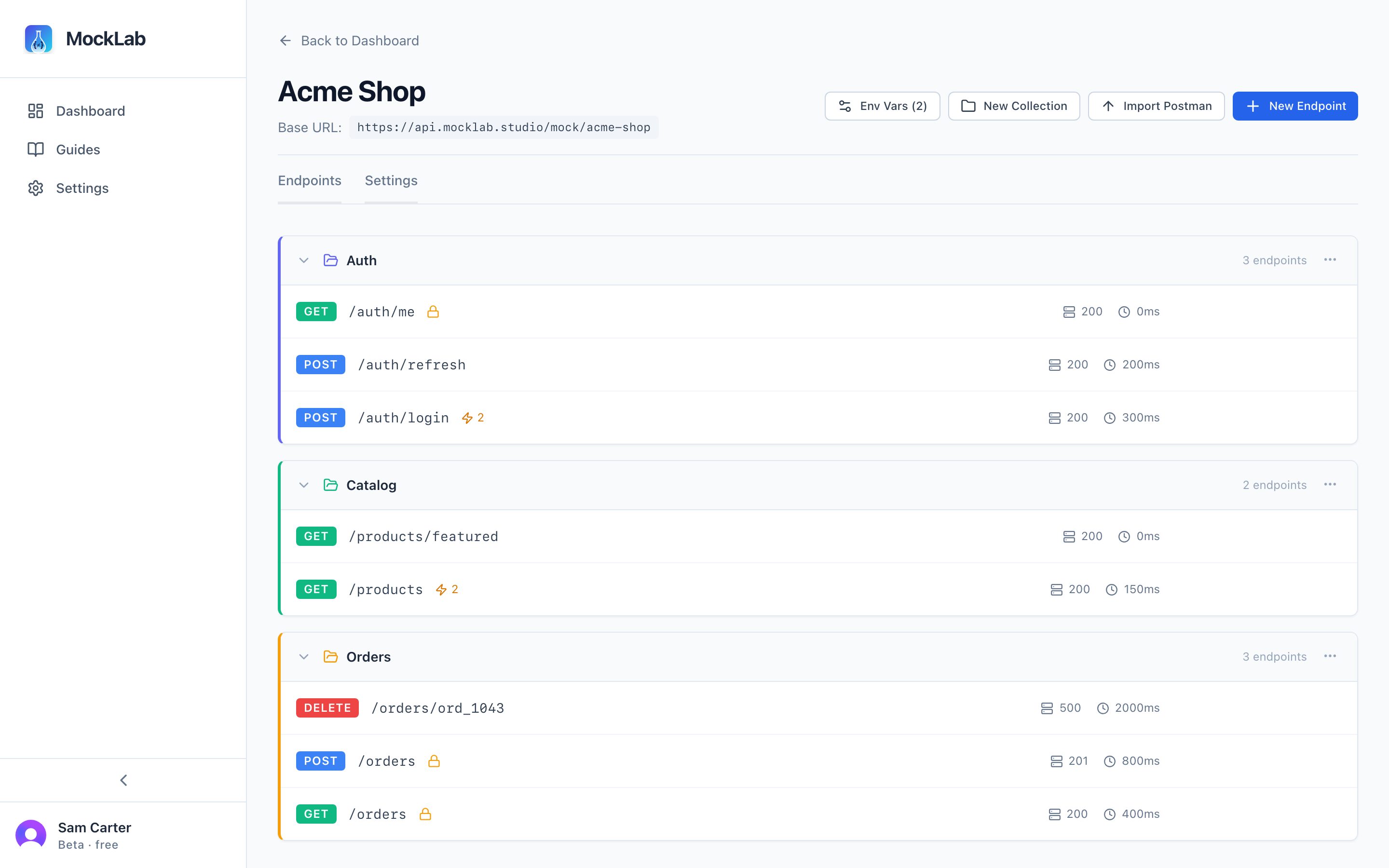 MockLab endpoints screen